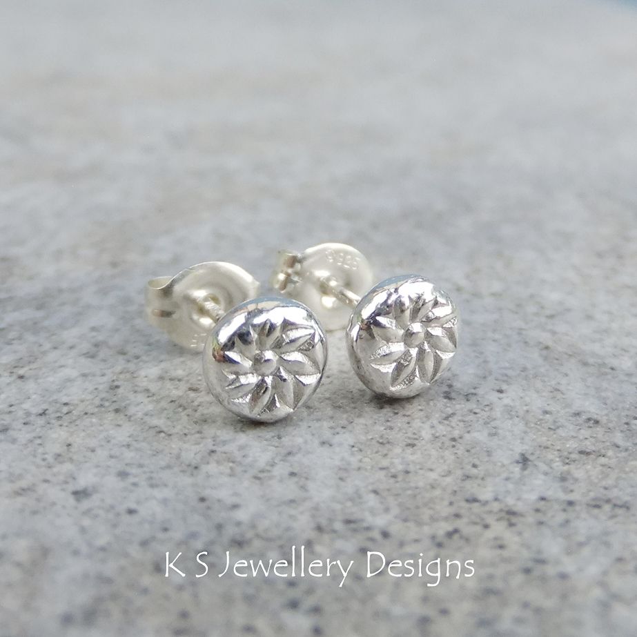 Textured Pebbles Stud Earrings #8 - FLOWERS v4 - Sterling Silver Studs
