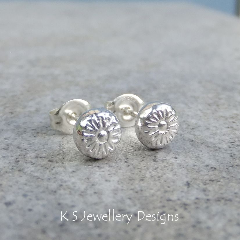 Textured Pebbles Stud Earrings #10 - FLOWERS v6 - Sterling Silver Studs