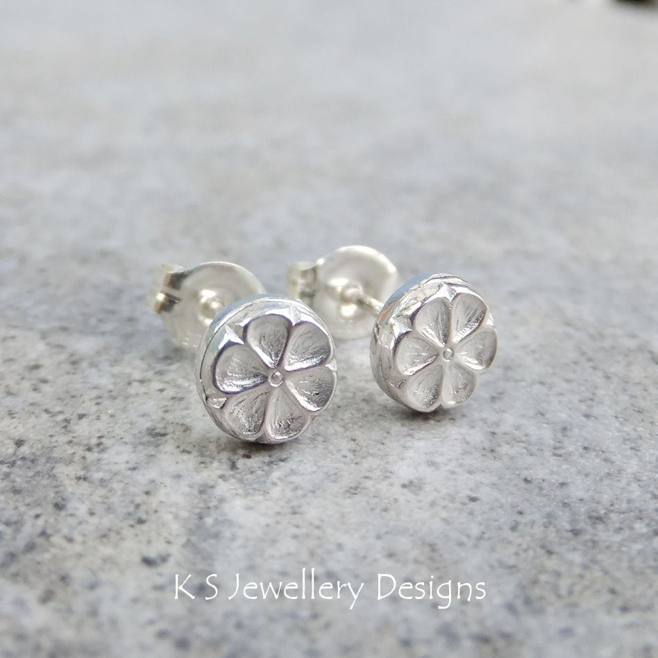 Textured Pebbles Stud Earrings #11 - FLOWERS v7 - Sterling Silver Studs
