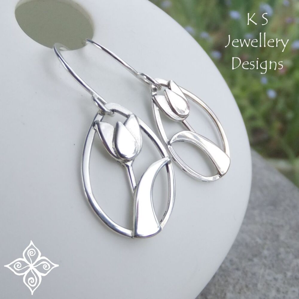 Shiny Tulip and Leaf Sterling Silver Drop Earrings