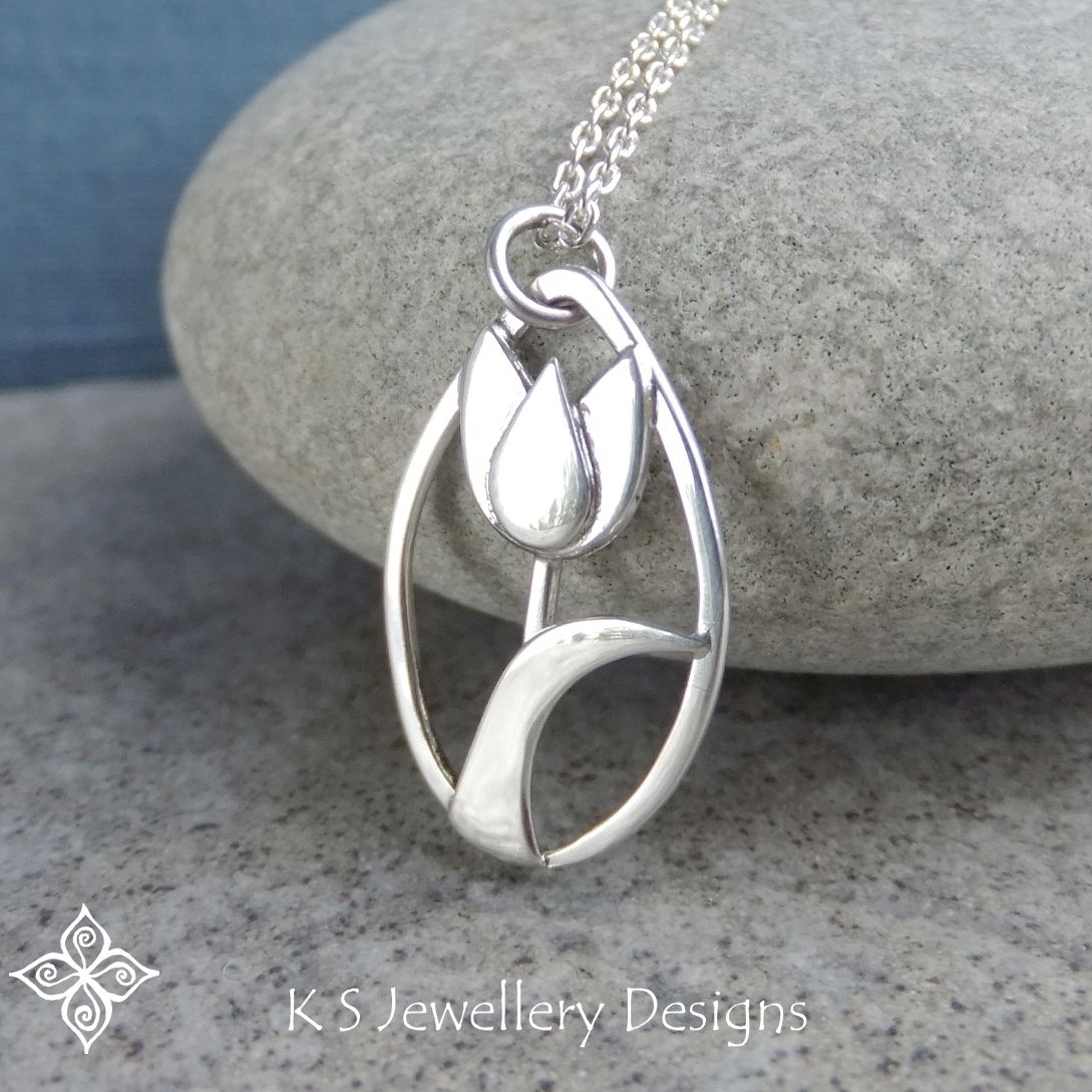 Shiny Little Tulip and Leaf - Sterling Silver Drop Pendant - Flower Necklac