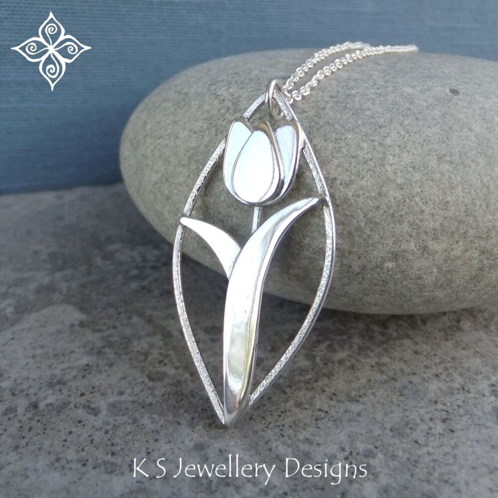 Shiny Tulip - Sterling Silver Drop Pendant - Flower Necklace