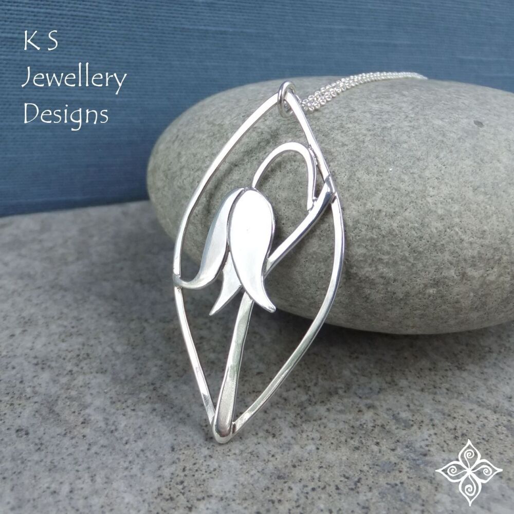 Shiny Bluebell - Sterling Silver Drop Pendant - Flower Necklace