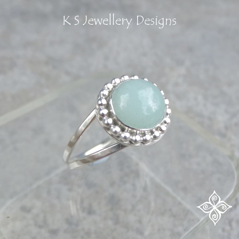 Amazonite Beaded Frame Sterling Silver Double Band Ring (UK size P.5 / US s