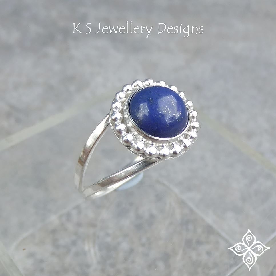 Lapis Lazuli Beaded Frame Sterling Silver Double Band Ring (UK size Q / US size 8.25)