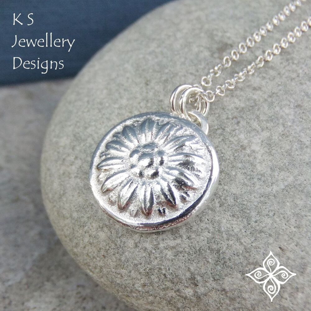 Flower Button - Sterling Silver Sand Casted Pendant