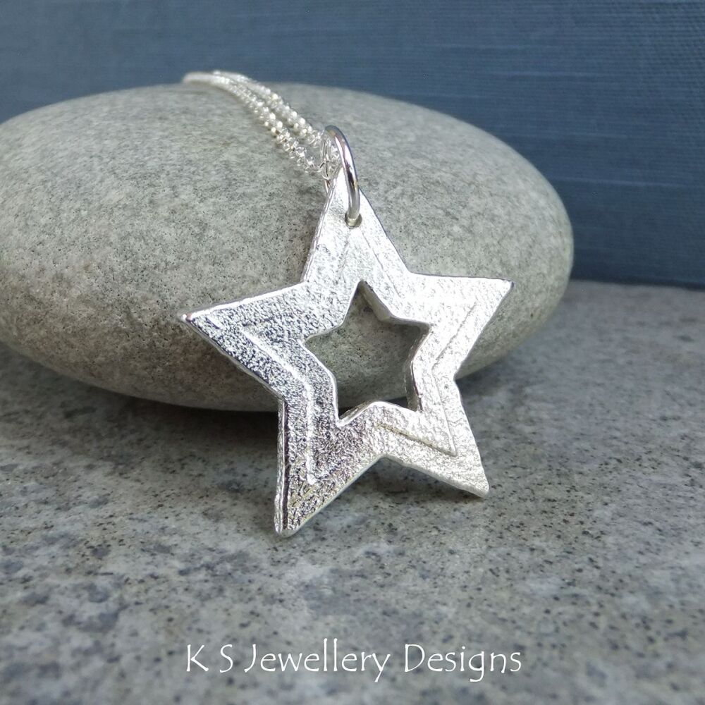 Rustic Double Stars - Sterling Silver Sandcasted Pendant