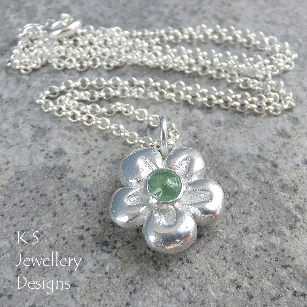 Green Tourmaline Puffy Flower Sterling Silver Pendant