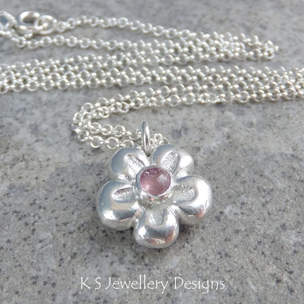 Pink Tourmaline Puffy Flower Sterling Silver Pendant