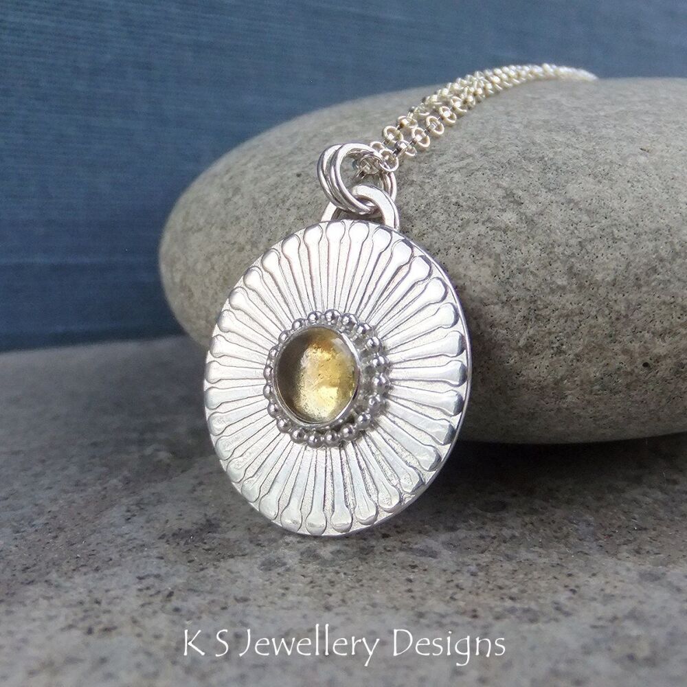 Citrine Daisy Flower Textured Oval Sterling Silver Pendant