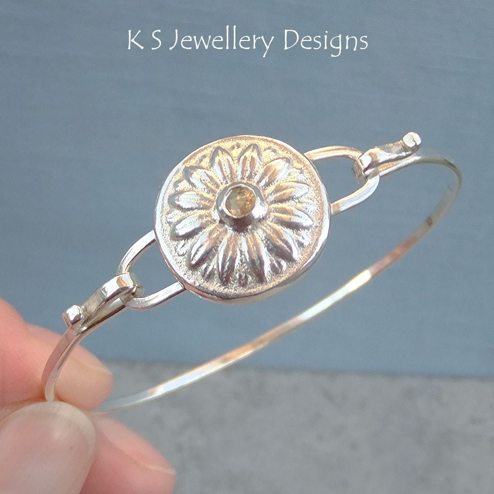 Citrine Sunflower Disc Sterling Silver Bangle