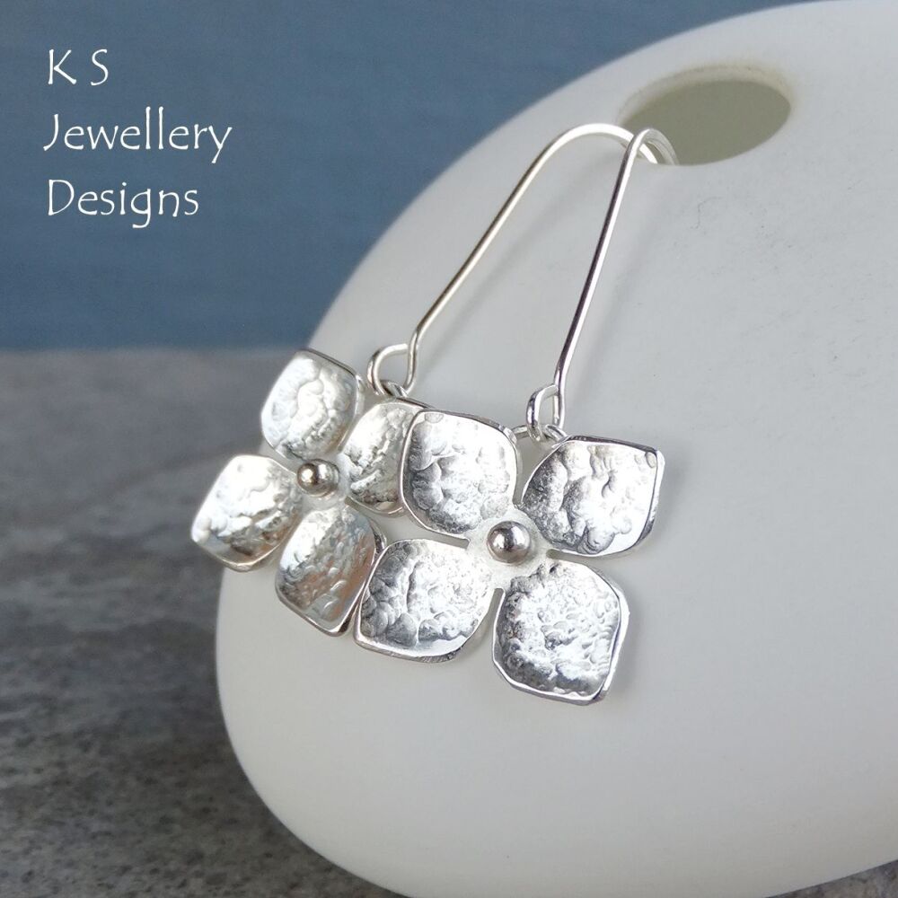 Four Petal Flowers - Hydrangea - Sterling Silver Flower Long Drop Earrings