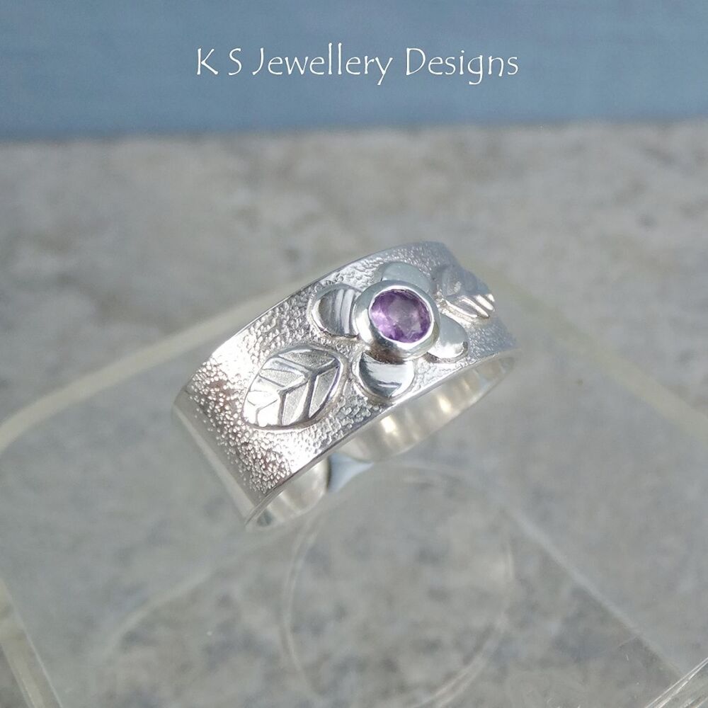 Amethyst Sterling Silver Flower and Leaves Ring (adjustable, open back, fit