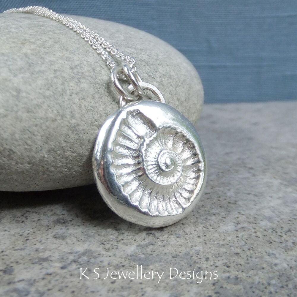 Ammonite Imprint Textured Disc - Sterling Silver Sandcasted Pendant
