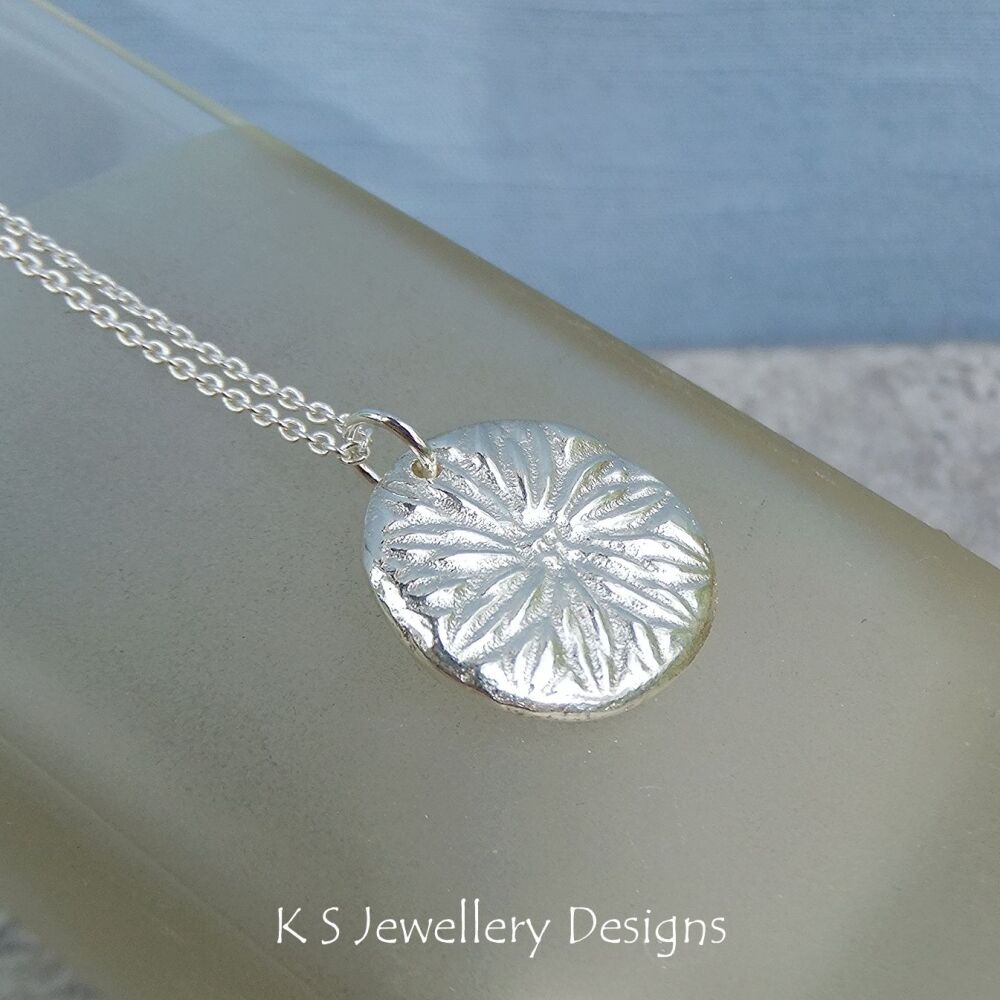 Flower Textured Disc - Sandcasted Sterling Silver Floral Pendant