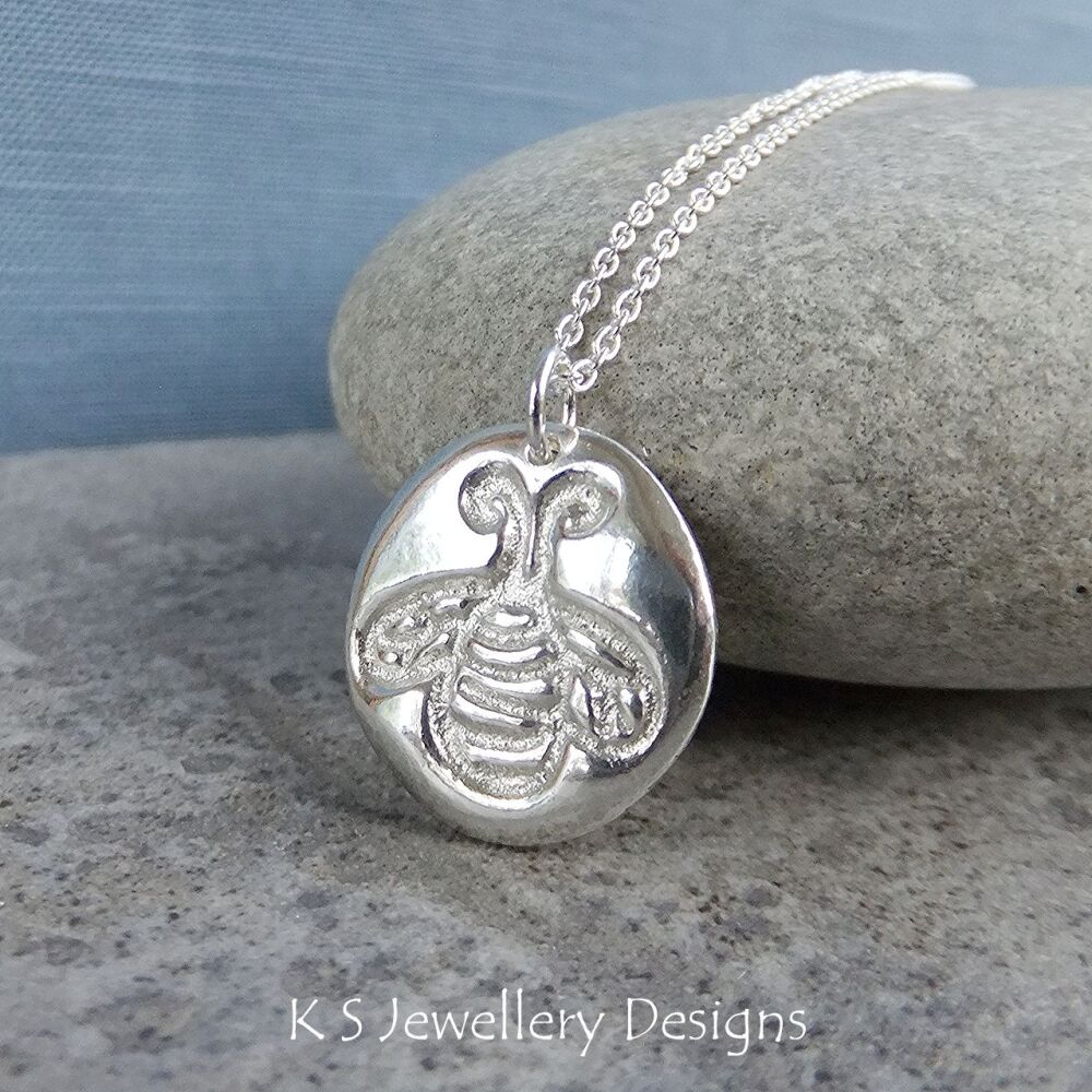 Bee Textured Disc - Sandcasted Sterling Silver Nature Pendant