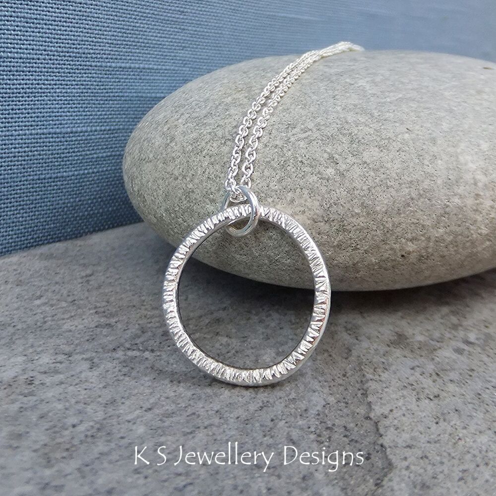 Striped Textured Wonky Circle Sterling Silver Pendant