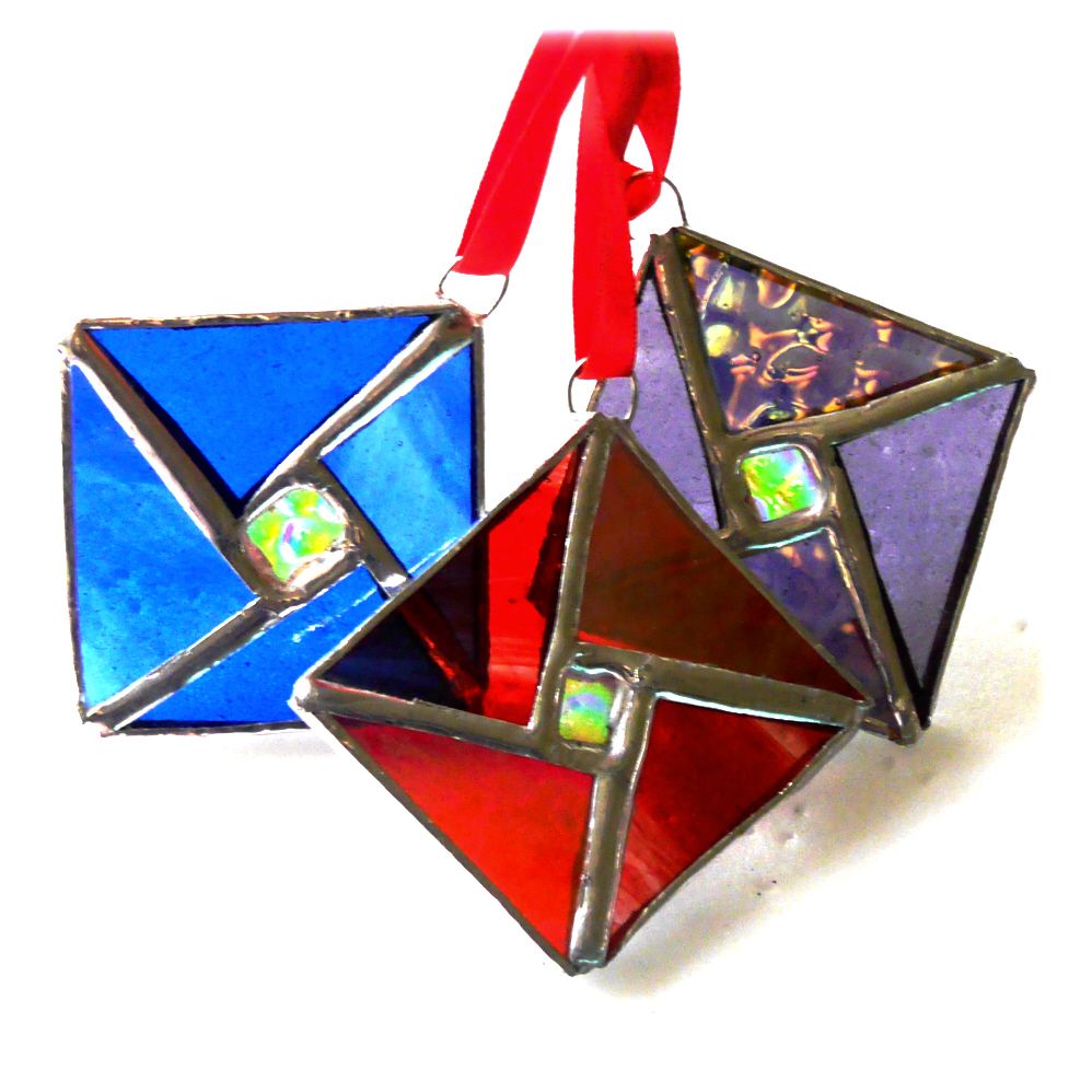  Tree Decoration Set of 3 5cm Stained Glass Christmas Dichroic Stained Glass Red Blue Purple