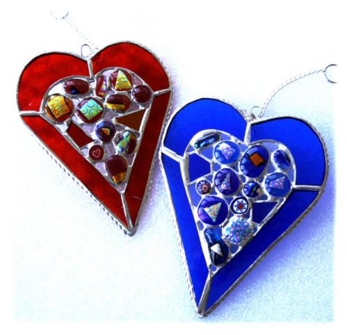 Abstract Heart Stained Glass Suncatcher Red or Blue