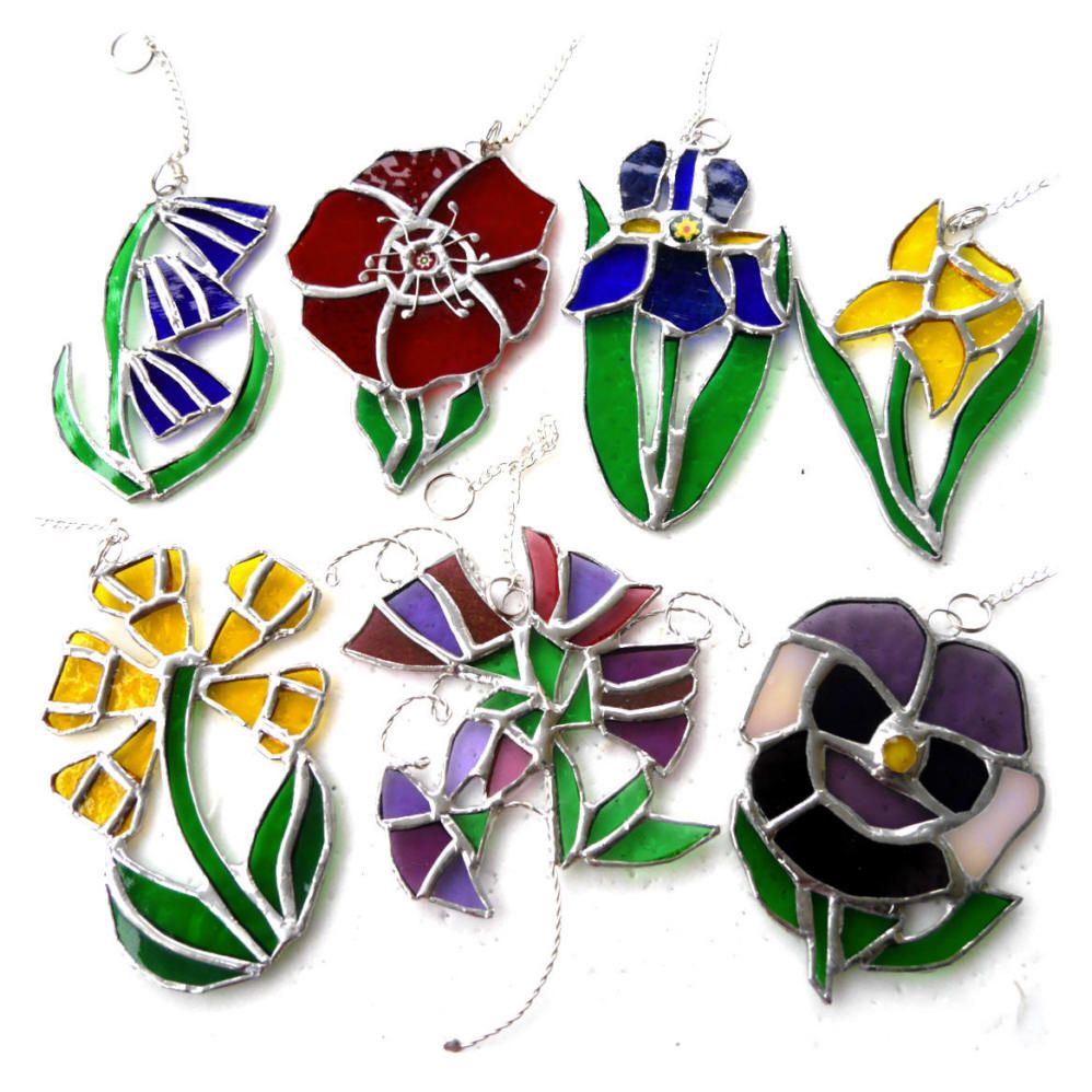 A Bluebell Cowslip Daffodil Iris Pansy Poppy or Sweetpea Stained Glass Suncatcher