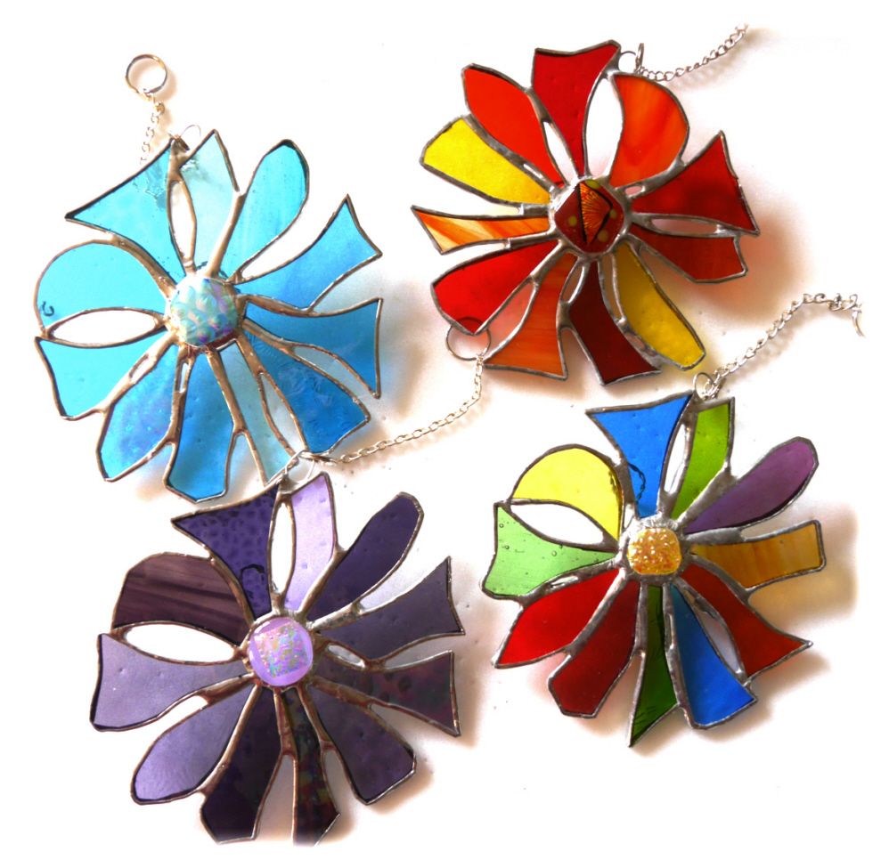 Abstract Flower Stained Glass Suncatcher Tropical, Red Hot or Sea Shades