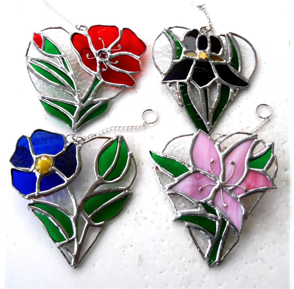 A Flower Heart Stained Glass Suncatcher Pansy Poppy Lily or Iris Choice