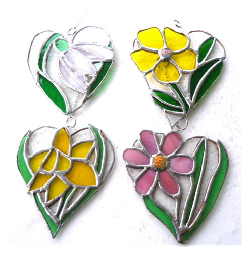 A Flower Heart Stained Glass Suncatcher Daffodil Daisy Primrose or Snowdrop