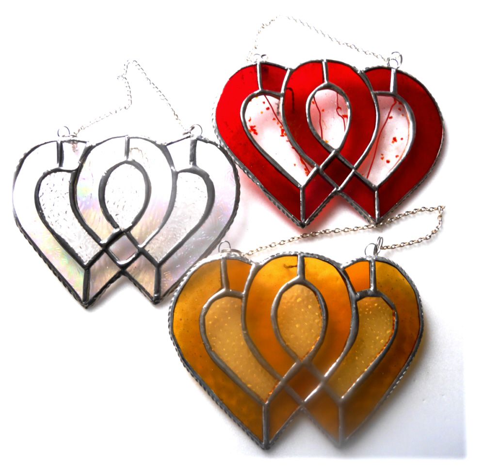 Anniversary Entwined Heart Stained Glass Suncatcher Gold Ruby or Silver