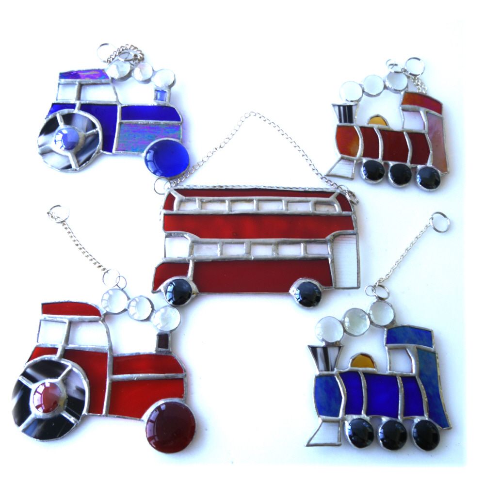 Train Tractor or Red Double Decker Bus Stained Glass Suncatcher Choice of Vehicle