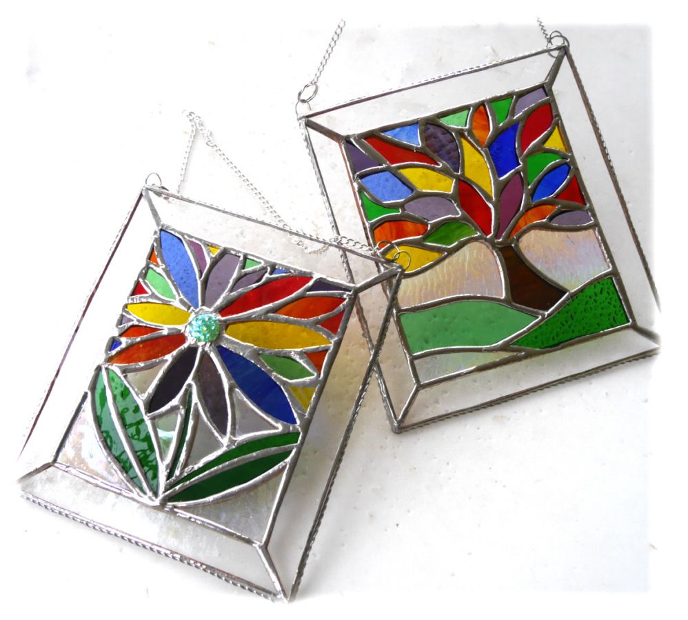 Rainbow Tree of Life Or Flower Stained Glass Suncatcher Panel