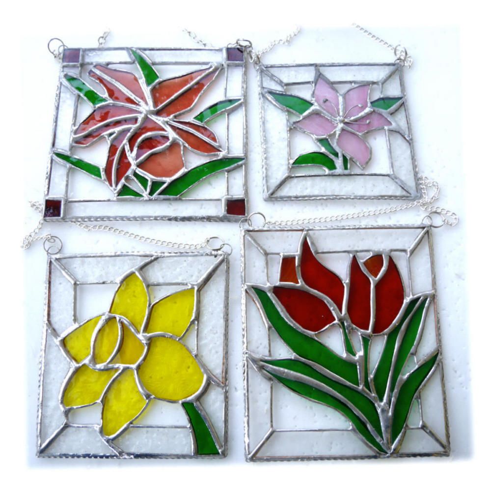 Flower Suncatcher Daffodil Tulip Lily or Orchid Stained Glass Framed