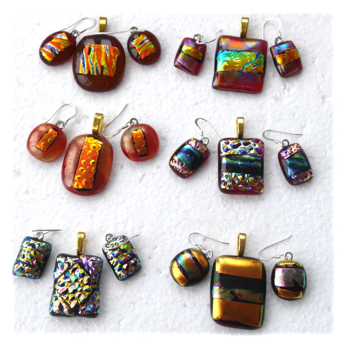 Dichroic Fused Glass Pendant Earring Set 2 Gold Chain 031 068 074 103 104 105