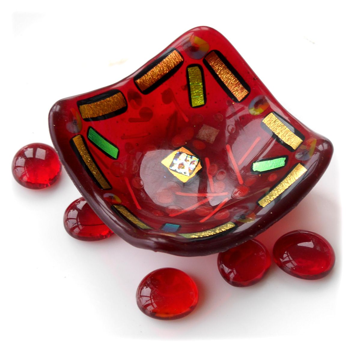 Red Fused Glass Deep Dish Gold Dichroic 8cm