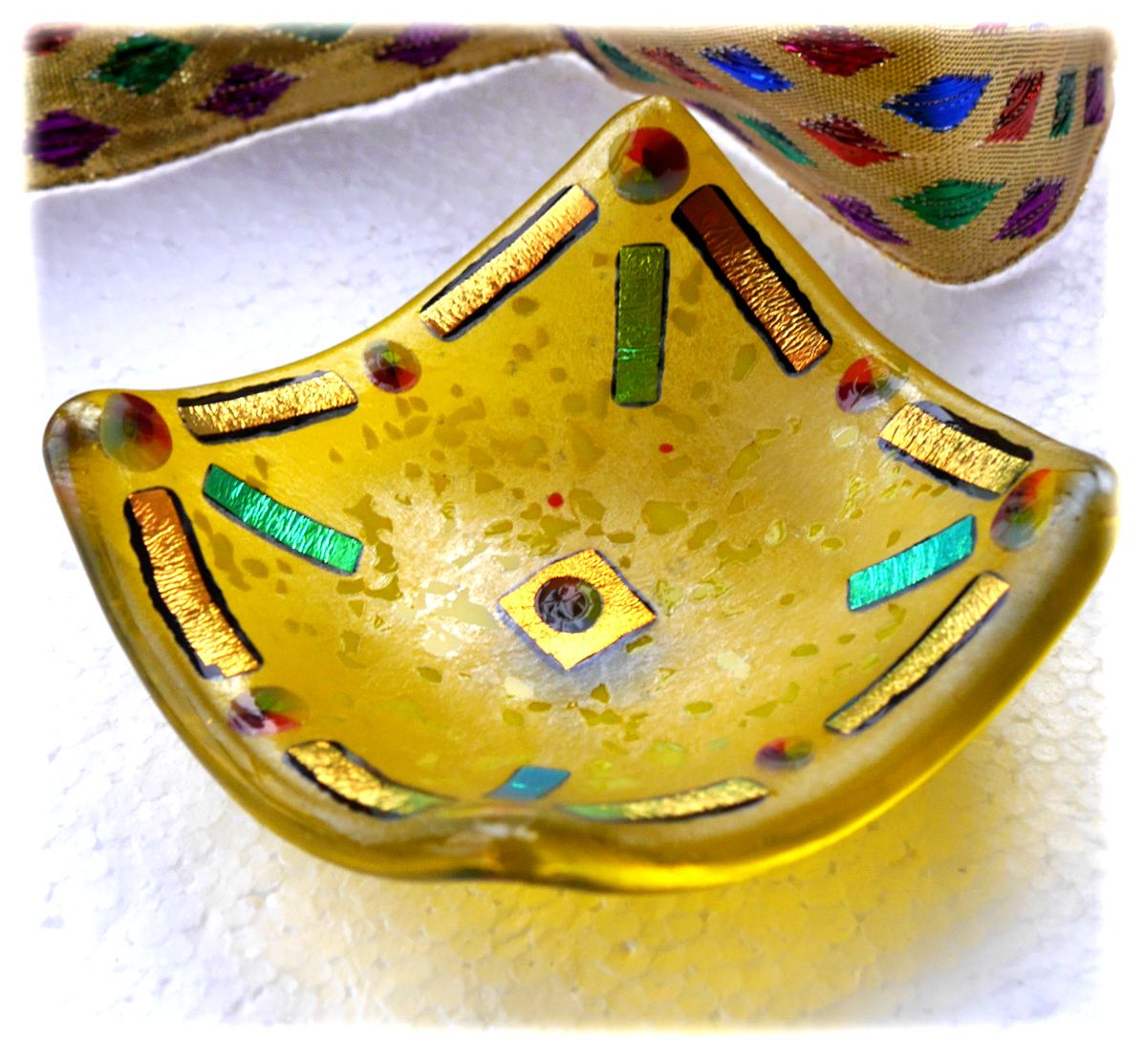 Yellow Fused Glass Deep Dish Gold Dichroic 8cm