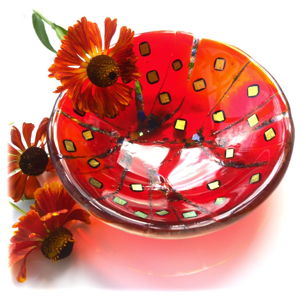 Sunset Red 12.5cm Gold Dichtoic Fused Glass Bowl Perfectly Imperfect