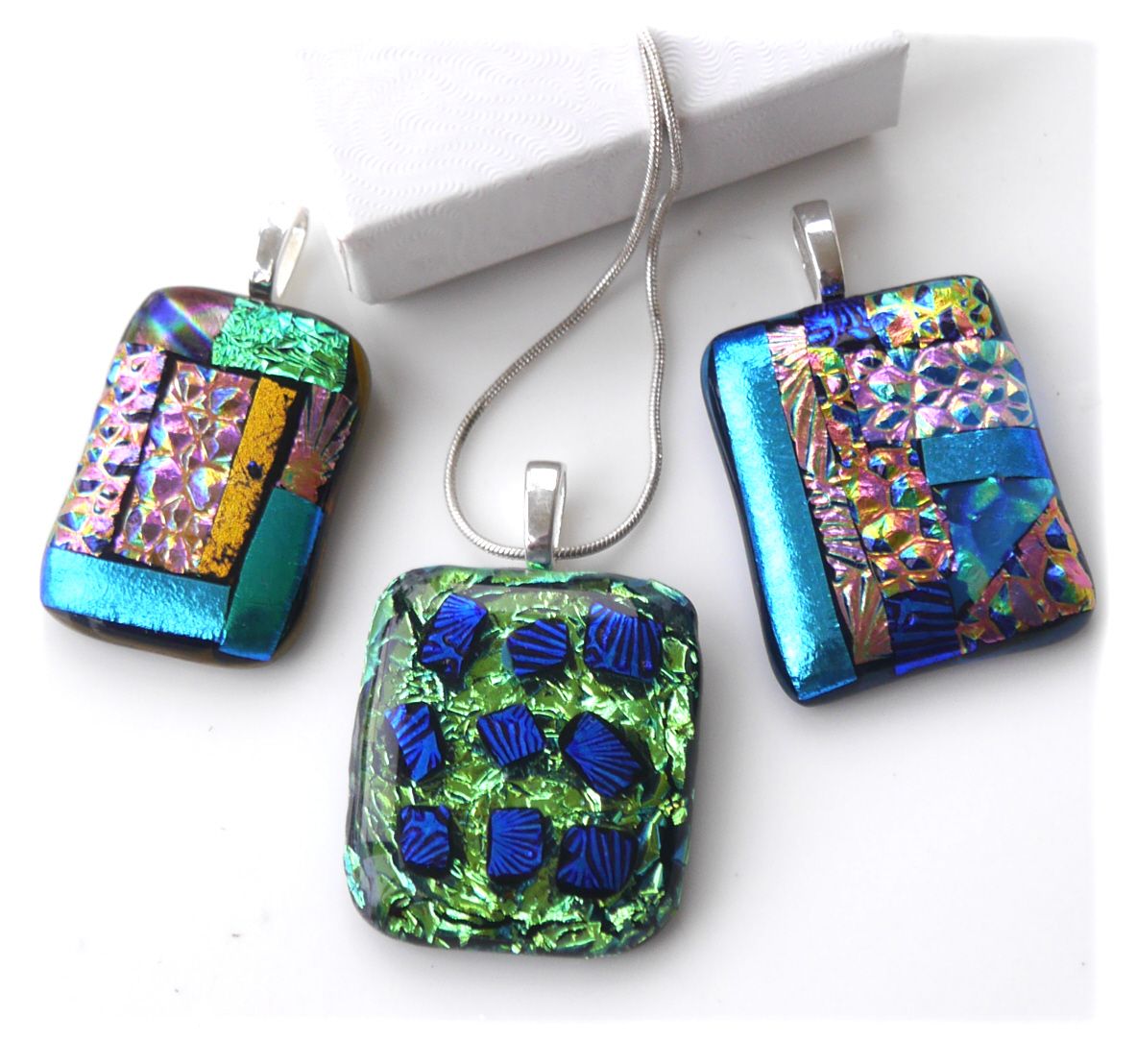Luxury Patchwork Dichroic Fused Glass Pendant Silver Chain P013 P014 P015