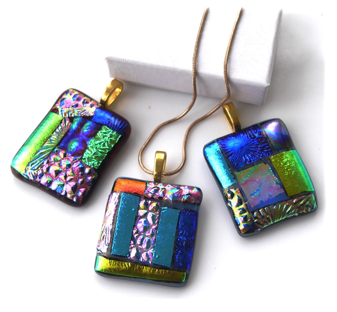 Luxury Patchwork Dichroic Fused Glass Pendant Gold Chain P010 P011 P012