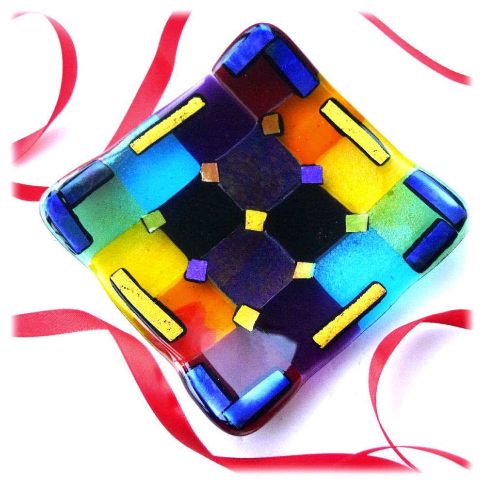 Rainbow Patchwork Dichroic Glass Square Dish Fused