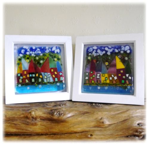 Fused Glass Wonky Cottages Picture Box Framed