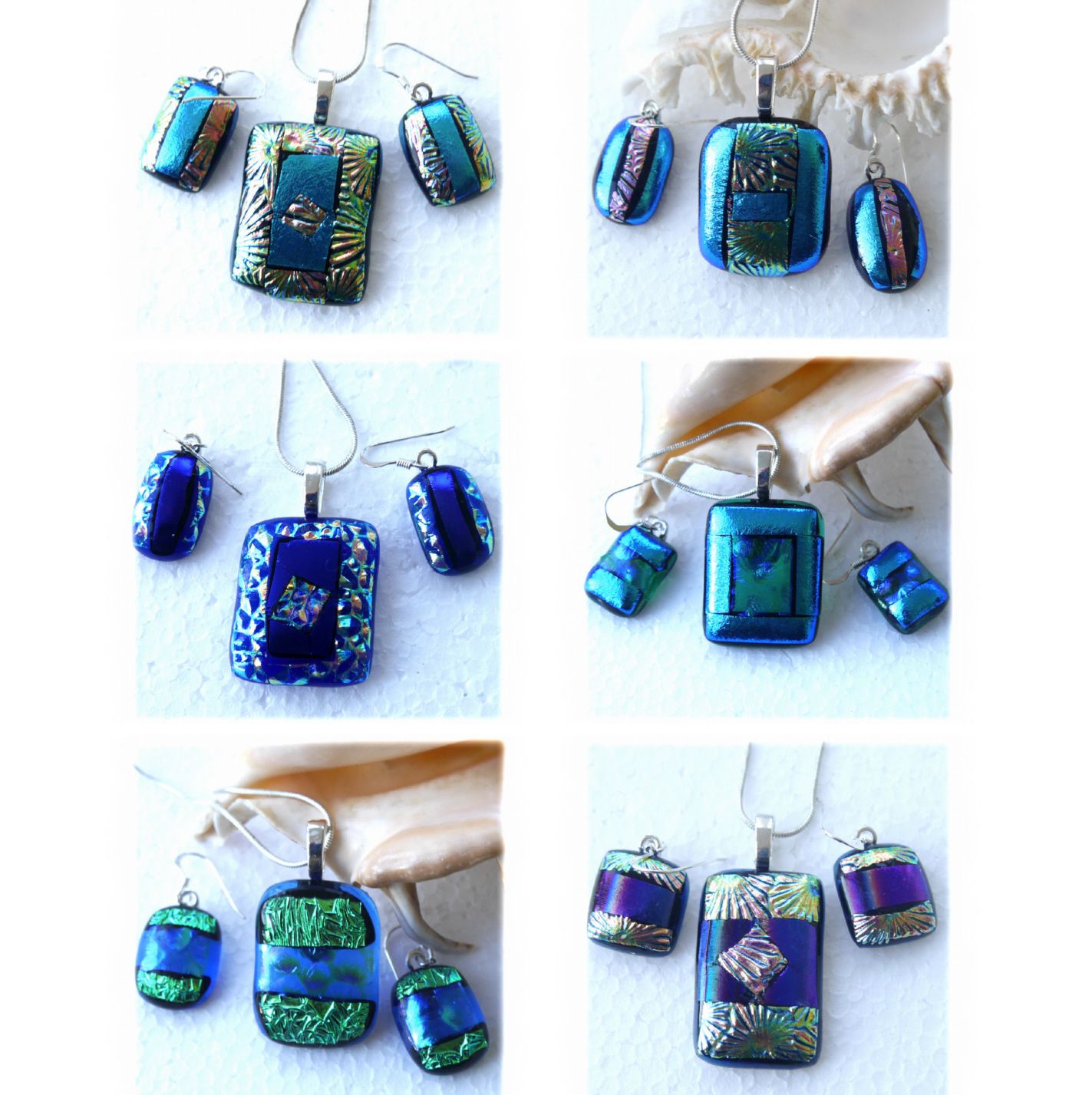 Dichroic Fused Glass Pendant Earring Set 3 Silver Chain Choice 097-102