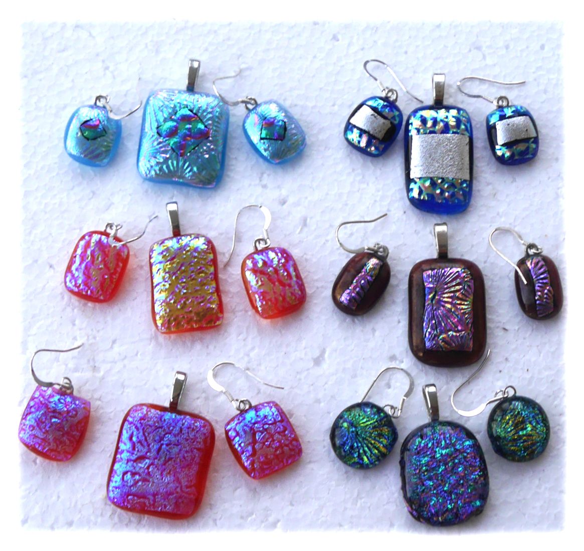 Dichroic Fused Glass Pendant Earring Set 1 Silver Chain 057 078 085 086 089