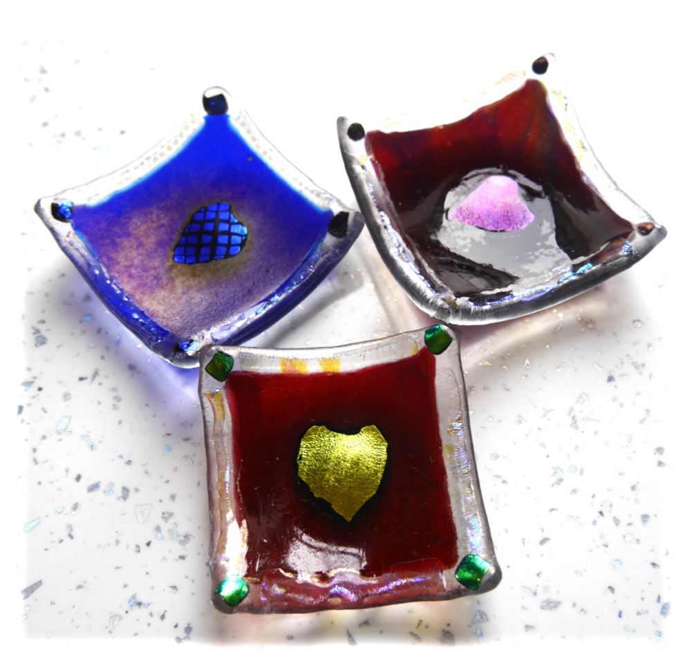    Ring Earring Fused Heart Glass Dish Blue Plum or Cranberryc