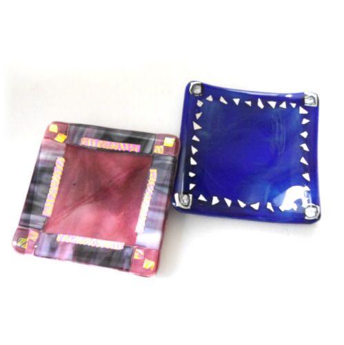    Fused Glass Square Dish Blue with Silver or Pink with Purple