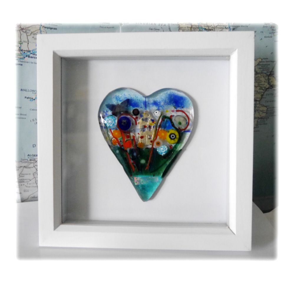 Garden Picture Heart Fused Glass Box Framed