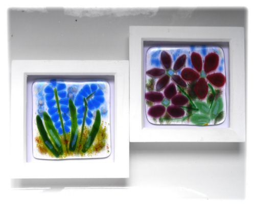 Fused Glass Flower Picture Box Framed BlueBell or Plum 3-flower