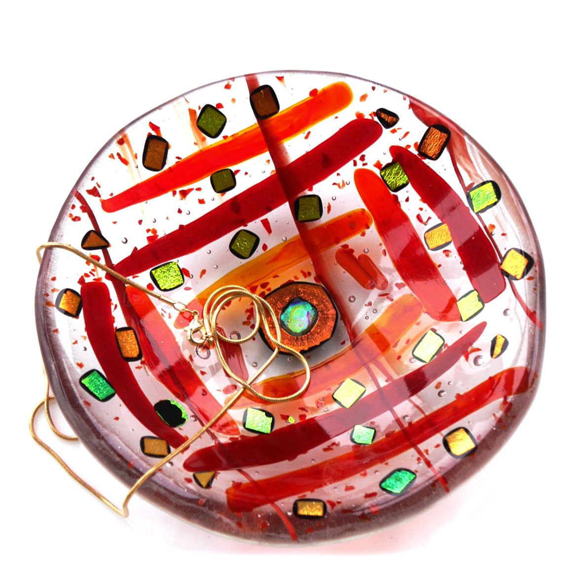 Red Gold Striped Dichroic Fused Glass Bowl