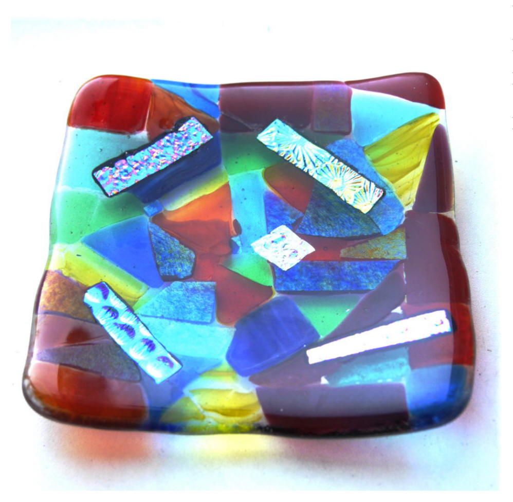 Abstract Rainbow Patchwork Glass Fused Dish Fused