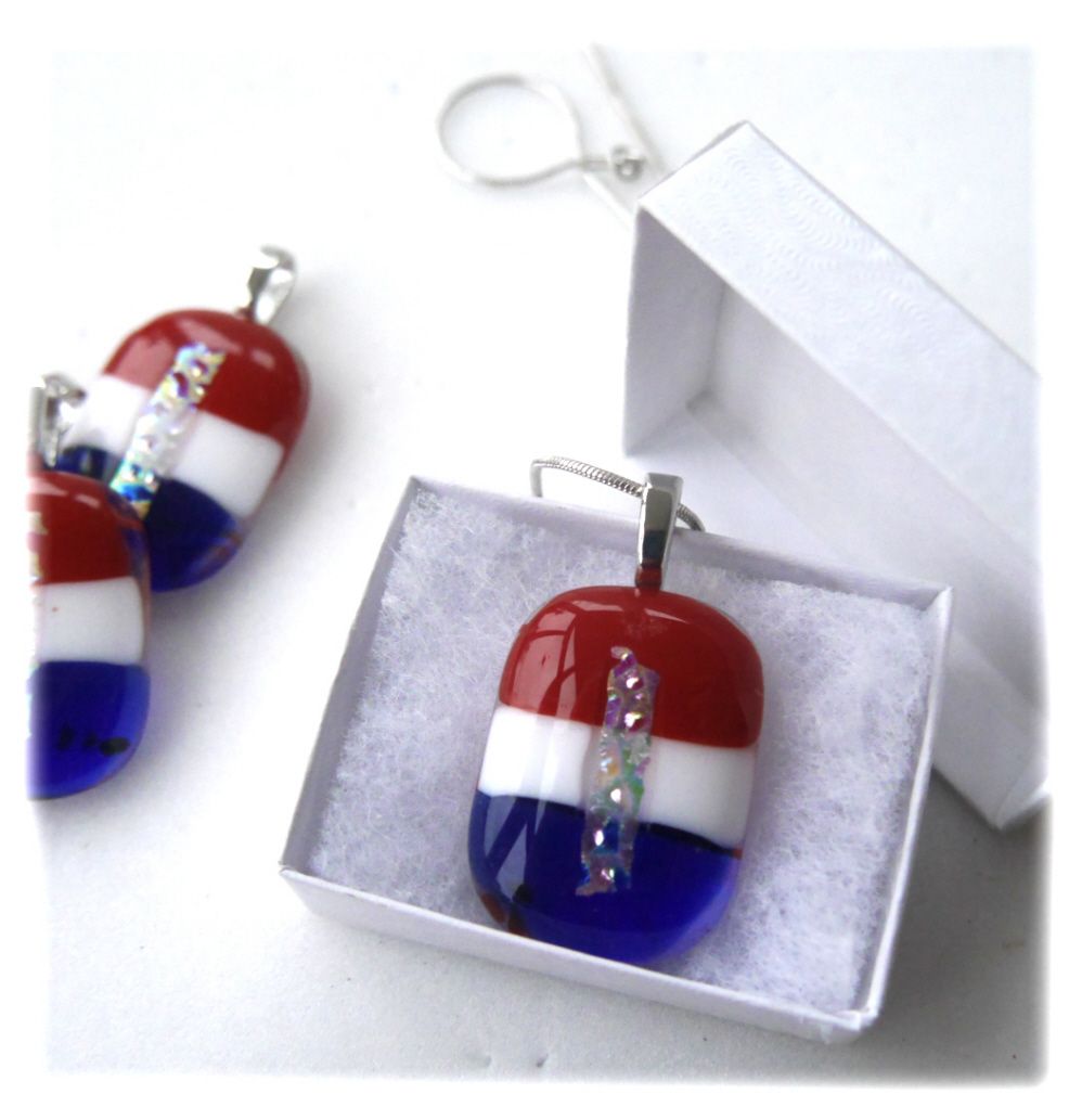 Patriotic Fused Glass Pendant Red White and Blue Dichroic Silver Chain