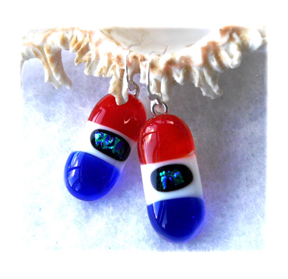 Patriotic Fused Glass Earrings Red White and Blue Dichroic Sterling Silver Hooks