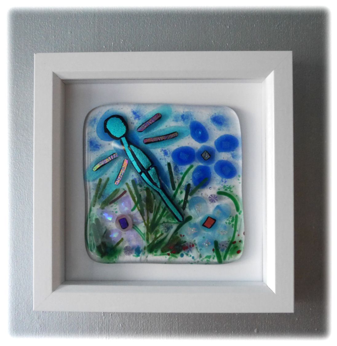 Fused Glass Dragonfly Flower Picture Box Framed